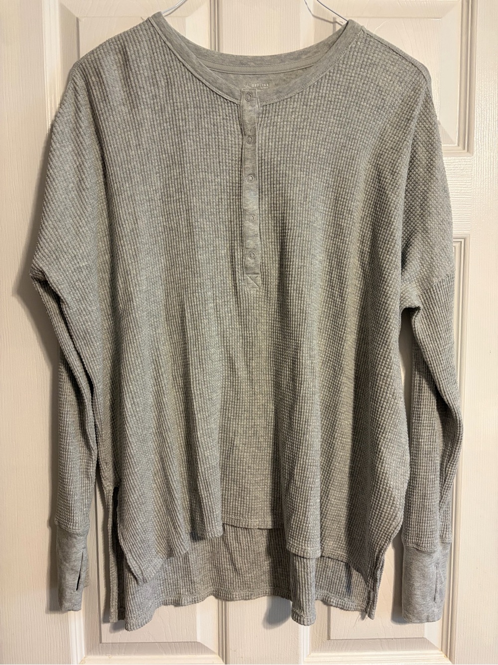OFFLINE by Aerie Wow Waffle Henley Shirt L Gray Oversized Thermal Thumbholes